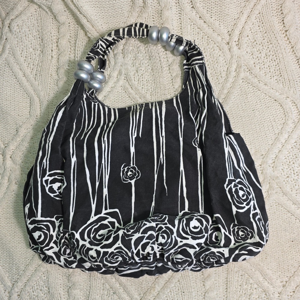 VTG Jimmy'Z Los Angeles‎ Tote Hobo Beach Bag Floral Canvas Wood Balls Surfer